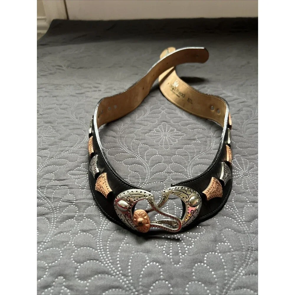 Streets Ahead VTG Silver & Rose Gold Medallion Black Leather Belt SZM/L RARE 42